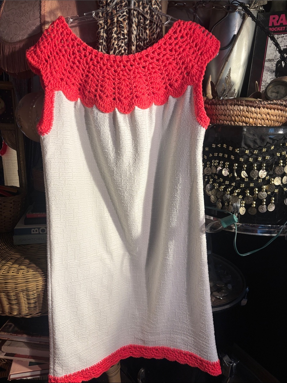 Vintage White, textured, handmade Midi Dress with Coral Crochet Trim